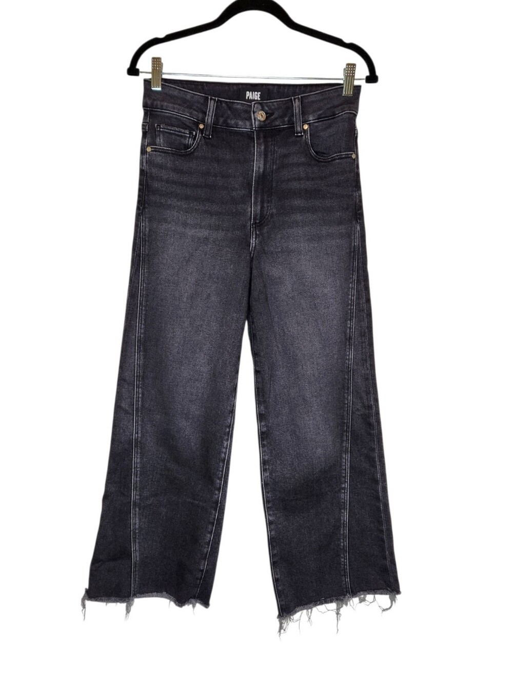 Paige Anessa Wide Leg Raw Hem Cropped Jeans Faded Black Size 28